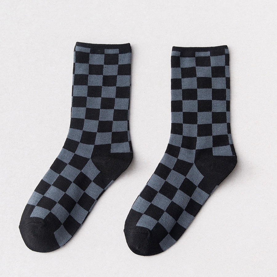 【ブラックグレー】ブロックチェック柄ソックス