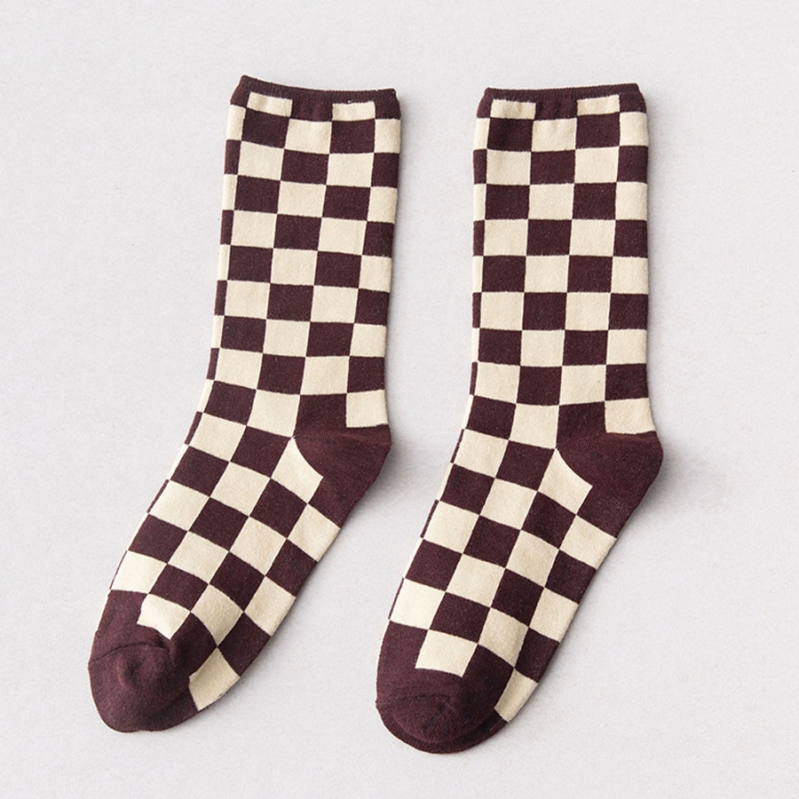 【ベージュブラウン】ブロックチェック柄ソックス