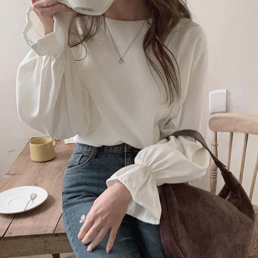【ホワイト/Lサイズ】パフスリーブブラウス