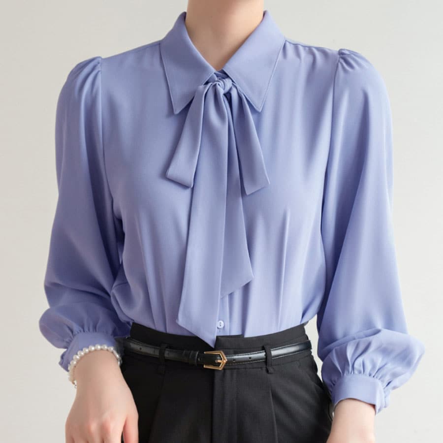 【ブルー/Mサイズ】リボン付きシャツラウス