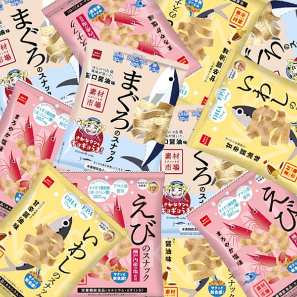 【計12個】おやつカンパニー 素材市場スナック いわし・えび・まぐろ味 (3種・各4コ)