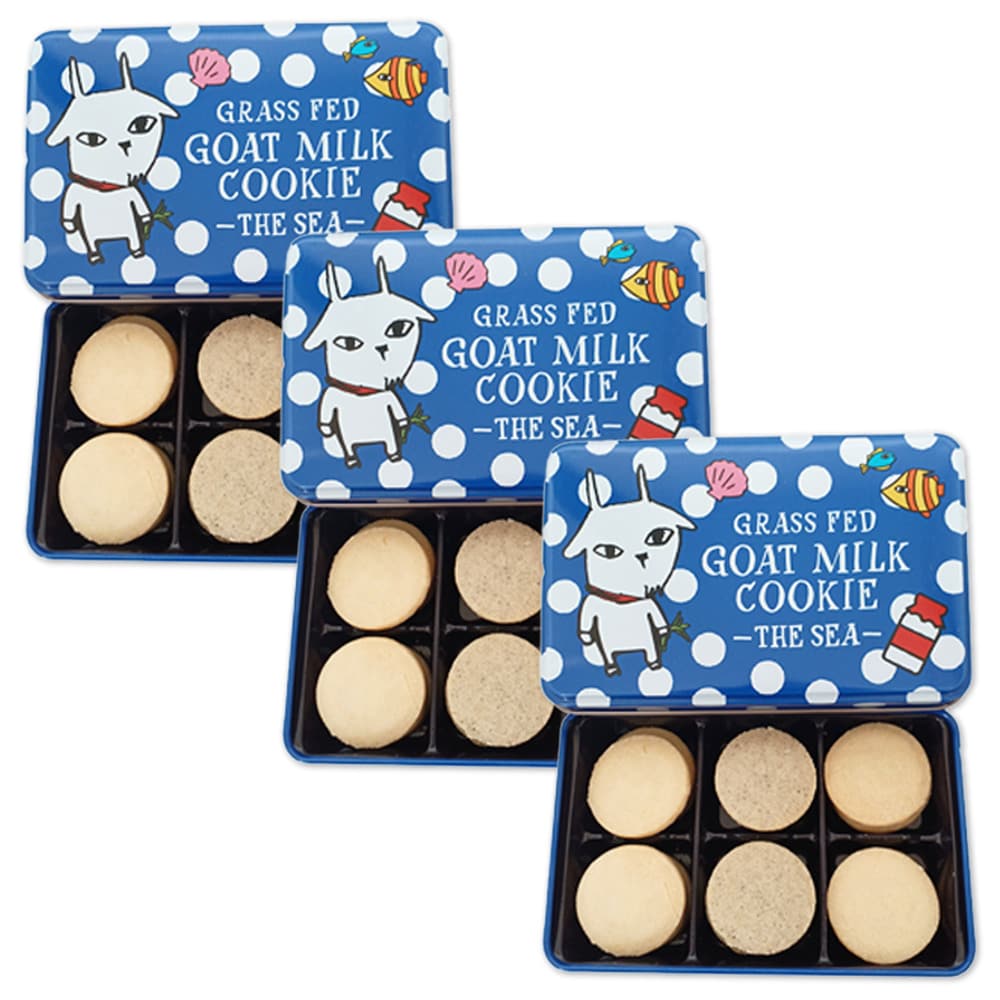 【青缶/18枚入×3缶】プレミアム ヤギミルククッキー(ホタテ、アカモク、うに)