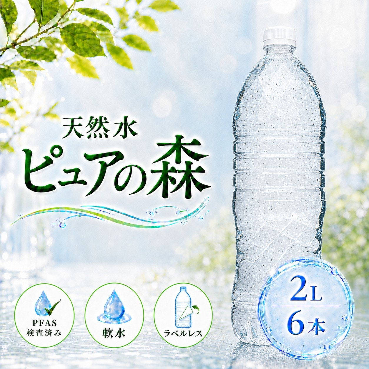 【2000ml×6本】ラベルレス 天然水 ピュアの森（国産 軟水）