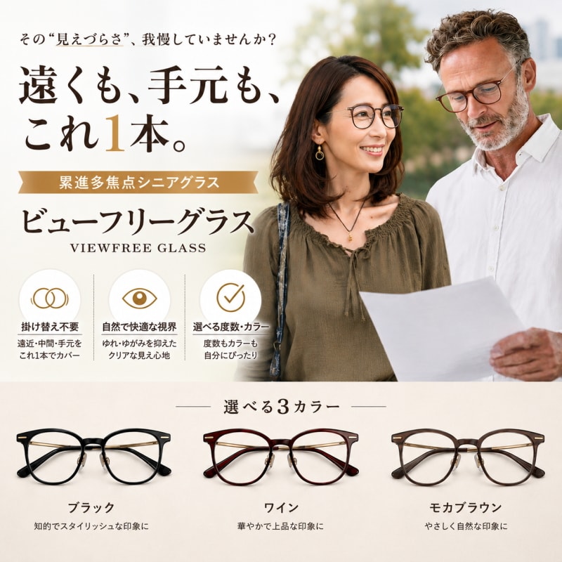 【ワイン／強度  ＋1.25から＋3.50】累進多焦点シニアグラス  ビューフリーグラス
