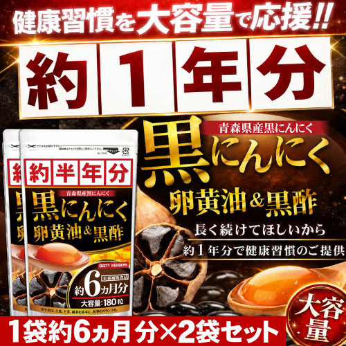 【約1年分】醗酵黒にんにく卵黄油＆黒酢（約6ヵ月分/180粒）×2袋