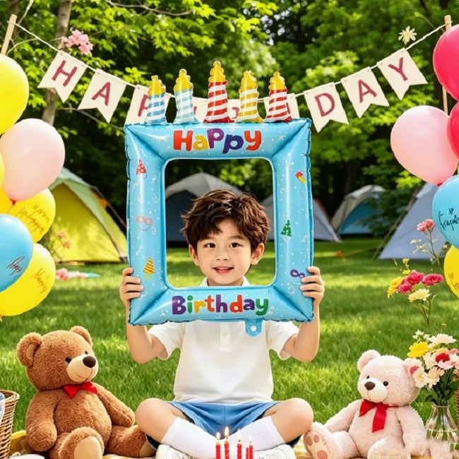 【ブルー＋ランダム】お誕生日の記念撮影に！バースデーフォトフレームバルーン【2種】