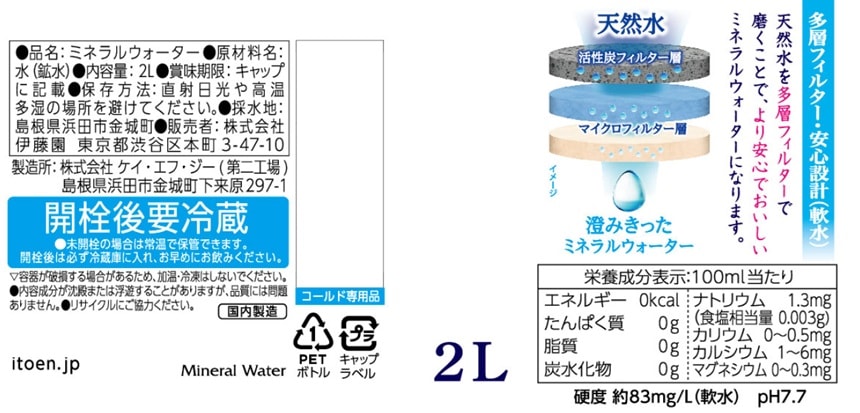 磨かれて、澄みきった日本の水 PET (採水地：島根県浜田市) 2Lを税込