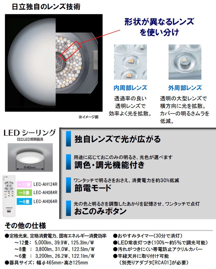 8畳用/調色調光] 日立/LEDシーリングライト (リモコン付) ※日本製/LEC 