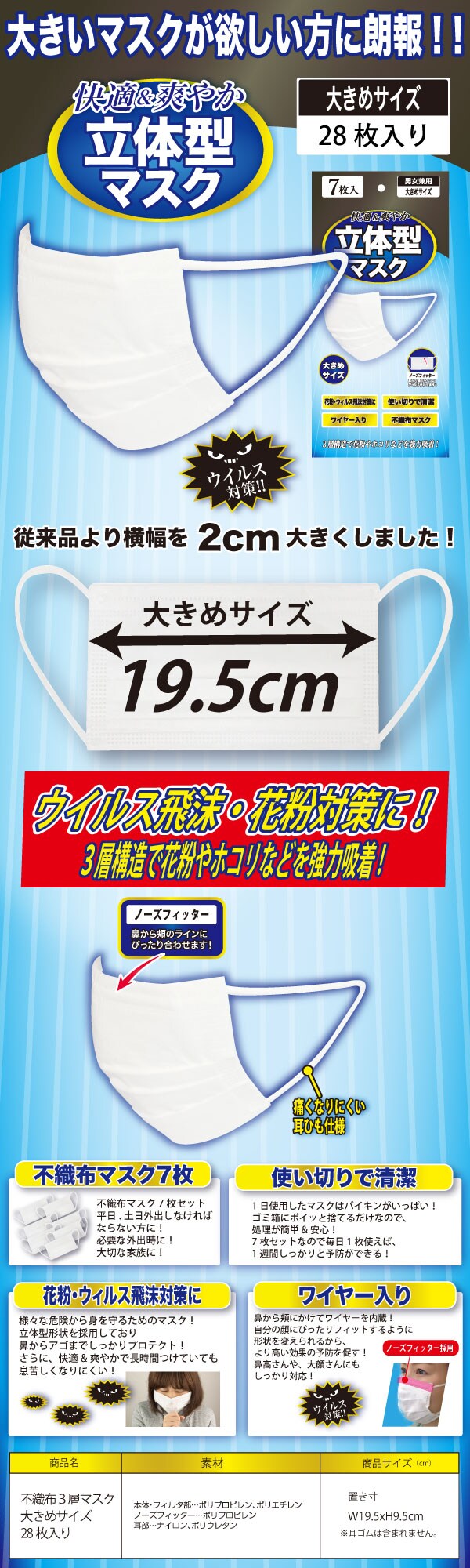 7枚入り 4袋 不織布3層マスク大きめサイズ28枚入りを税込 送料込でお試し サンプル百貨店 グローバルジャパン